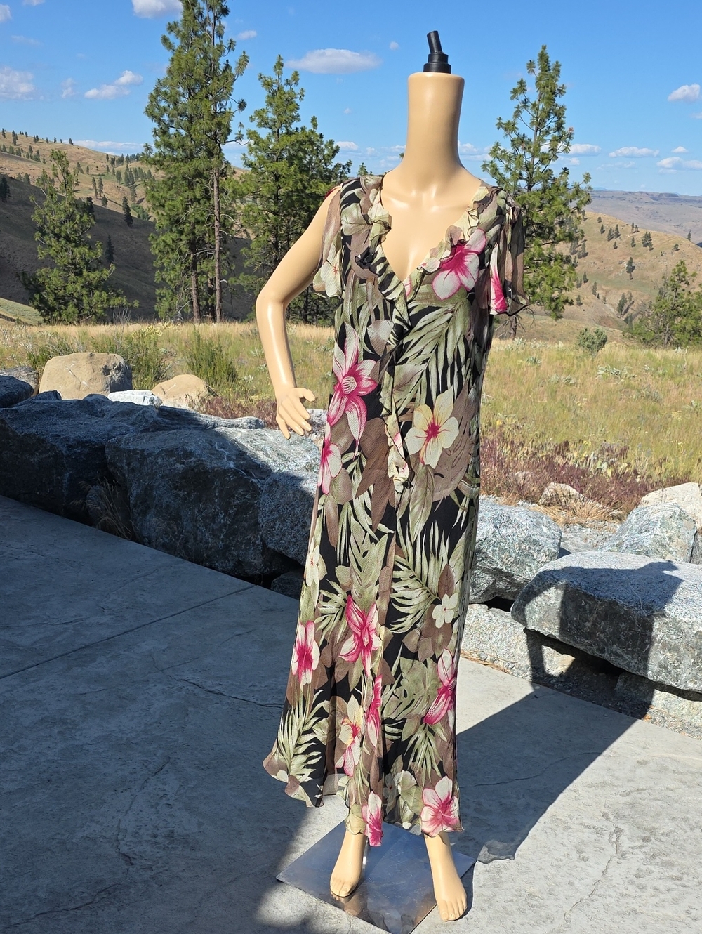 Charter Club Black Maxi Dress with Pink & Cream Floral Print